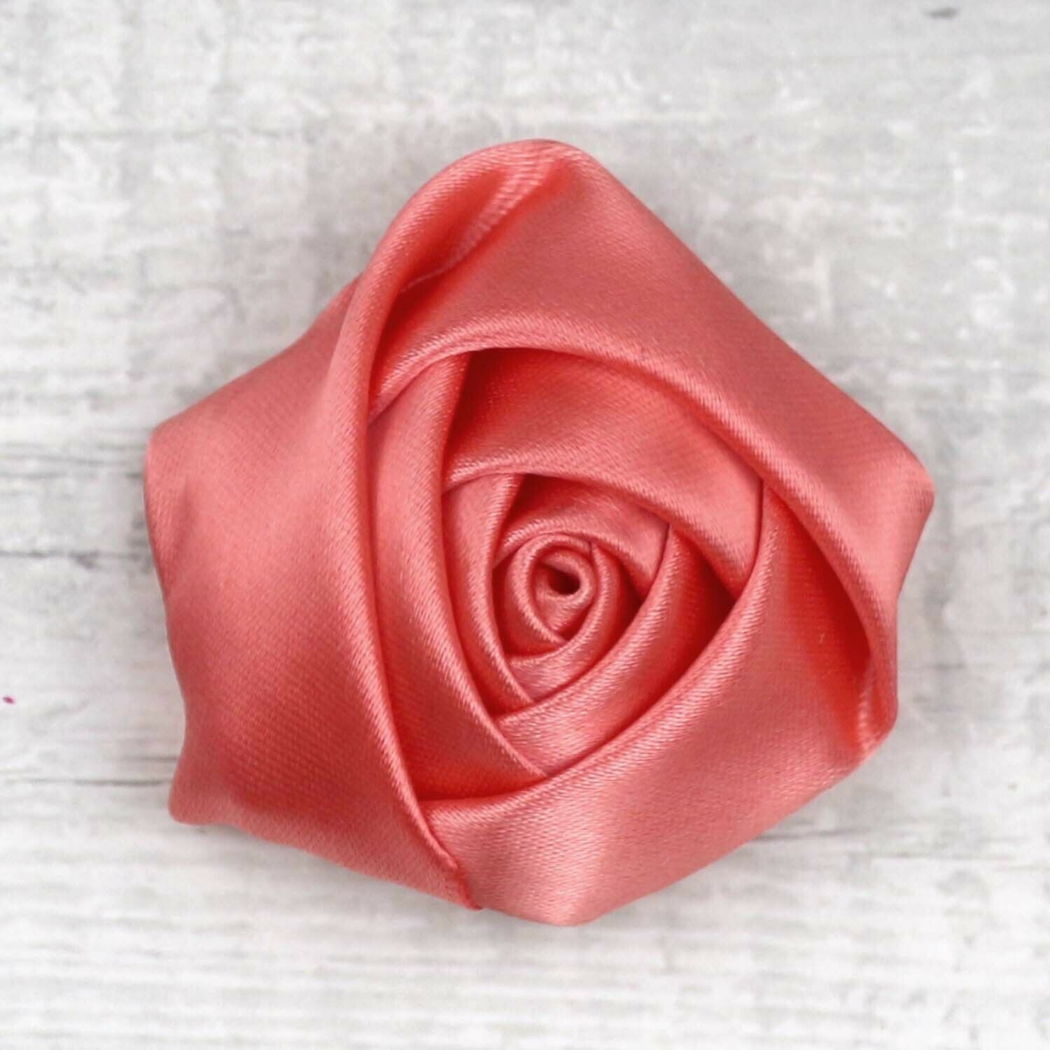 1.5" 25P Coral Satin Rose Flowers Ribbons Handmade Rose Appliques Craft Supplies