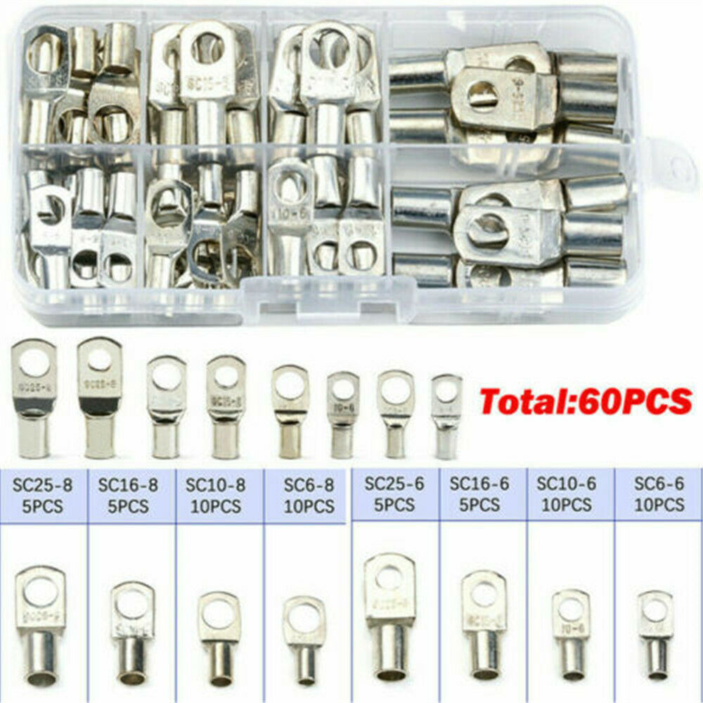 60PCS Wire Terminals SC Tinned Copper Lug Ring Wire Connectors Bare Terminals