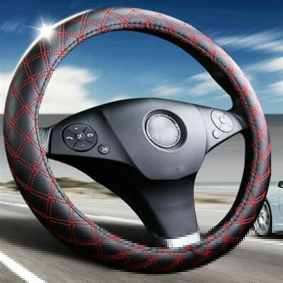 2Pcs Black & Red Car Steering Wheel Cover Anti-slip PU Leather Universal 38cm
