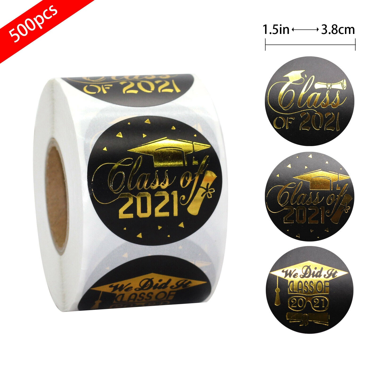 500 x 38mm Roll Graduation Stickers Academic Hat Labels