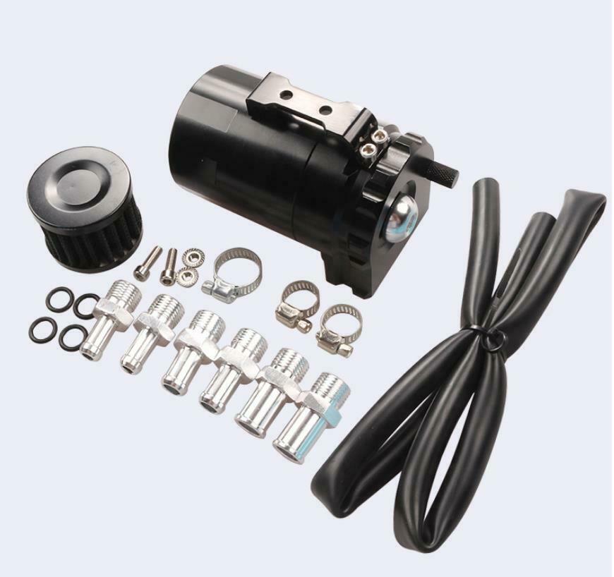 Oil Catch Reservoir Breather Can Tank +Filter Kit Cylinder Aluminum Engine Black