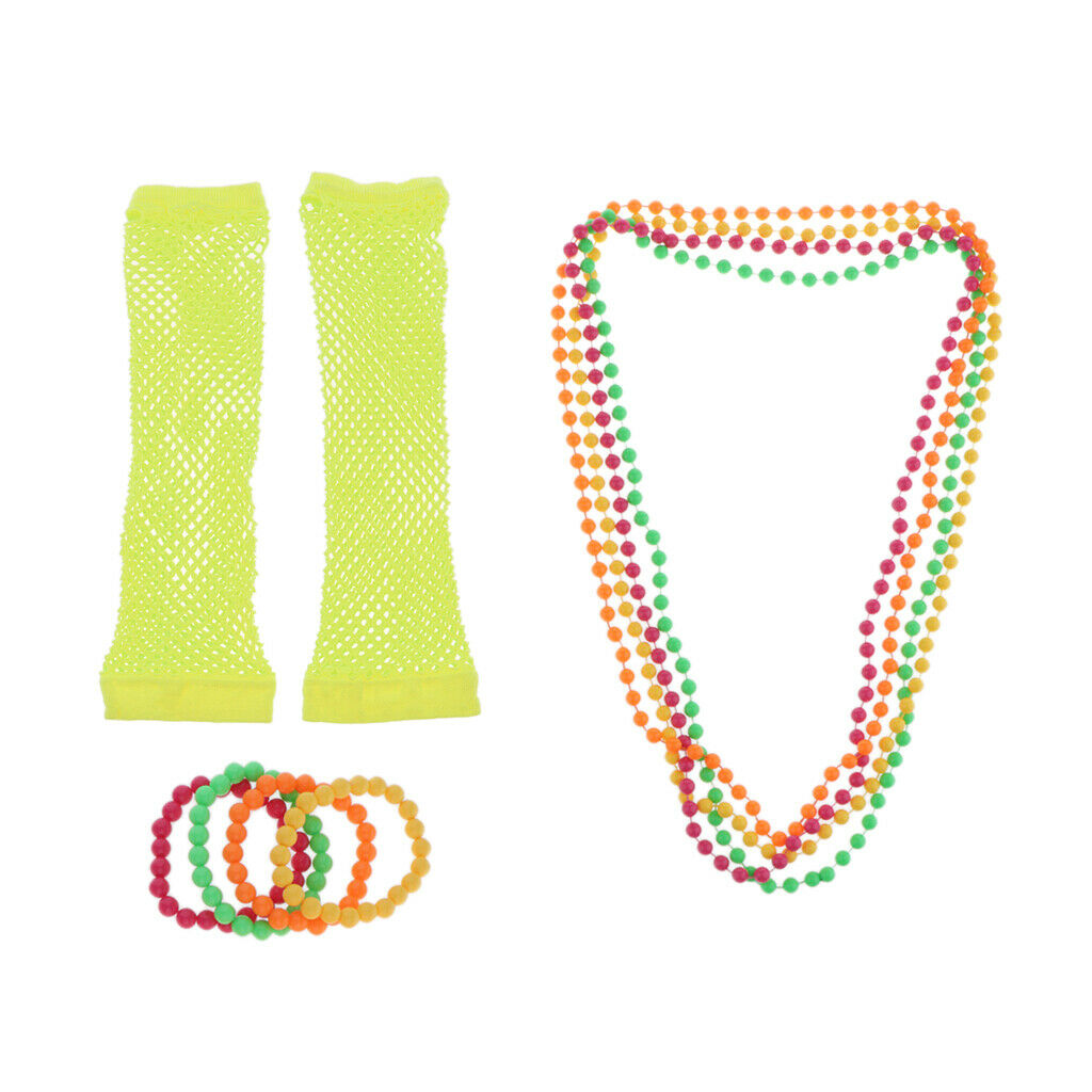 Set of 27 Womens 60s 70s 80s Punk Party Beads Necklace Bracelet Gloves Prop