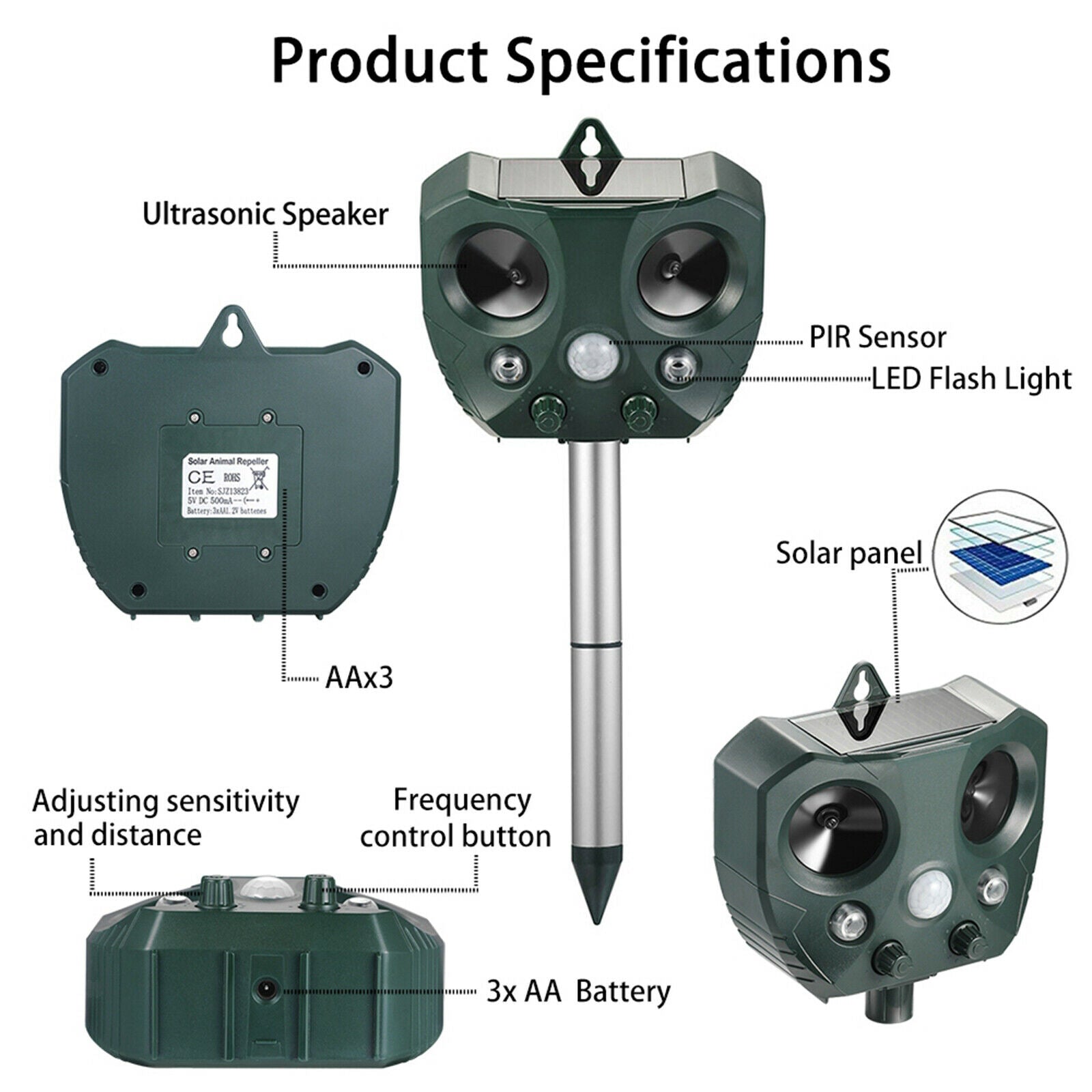 Outdoor Ultrasonic Animal Repeller Raccoon Cat Dog Fox Scarer Repellent