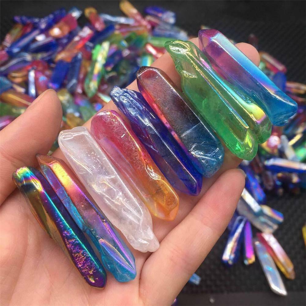 Lot Large Titanium Rainbow Aura Lemurian Quartz Crystal Point Healing 100g UK