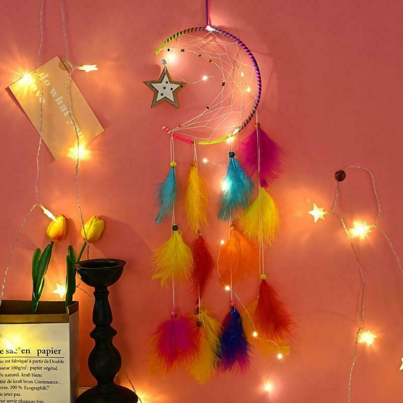 Colorful Feather Pendant Dream Catcher Moon Star Design Woven Wall Hanging Decor