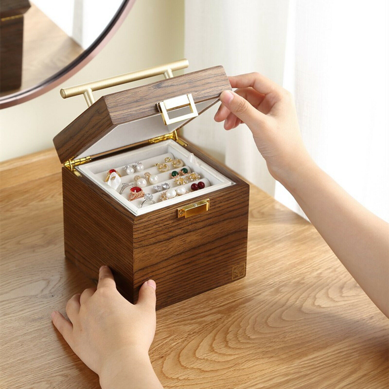 3-tier Wooden Jewelry Box Earrings Bracelets Container Holder Organizer