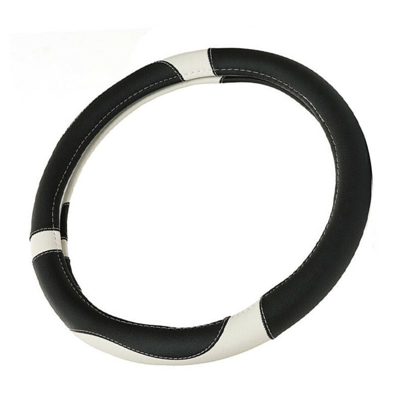 15'' 38cm PU Sport Leather Anti-Slip Car Steering Wheel Cover Black&White Pretty