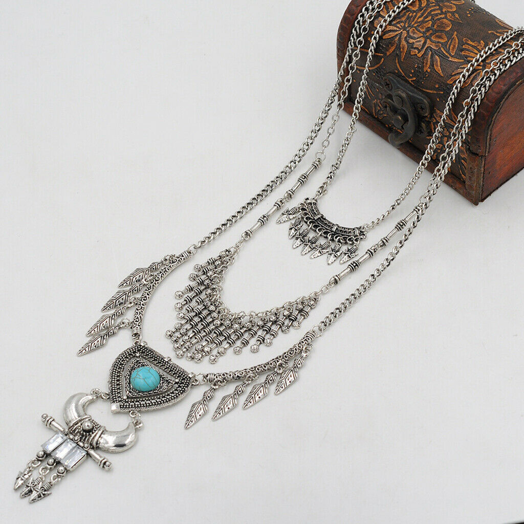 Retro multi-layer leaf arrow fringe heart-shaped turquoise horn necklace