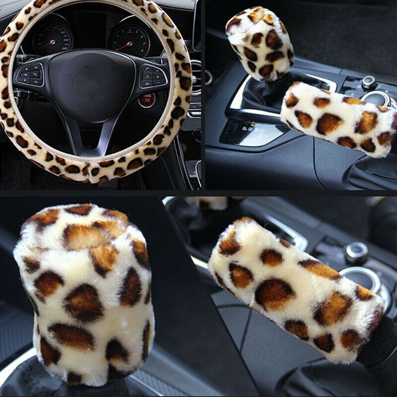 3Pcs /Set Beige Leopard Fluff Plush Steering Wheel Cover Winter Car ZTA GzF SJ