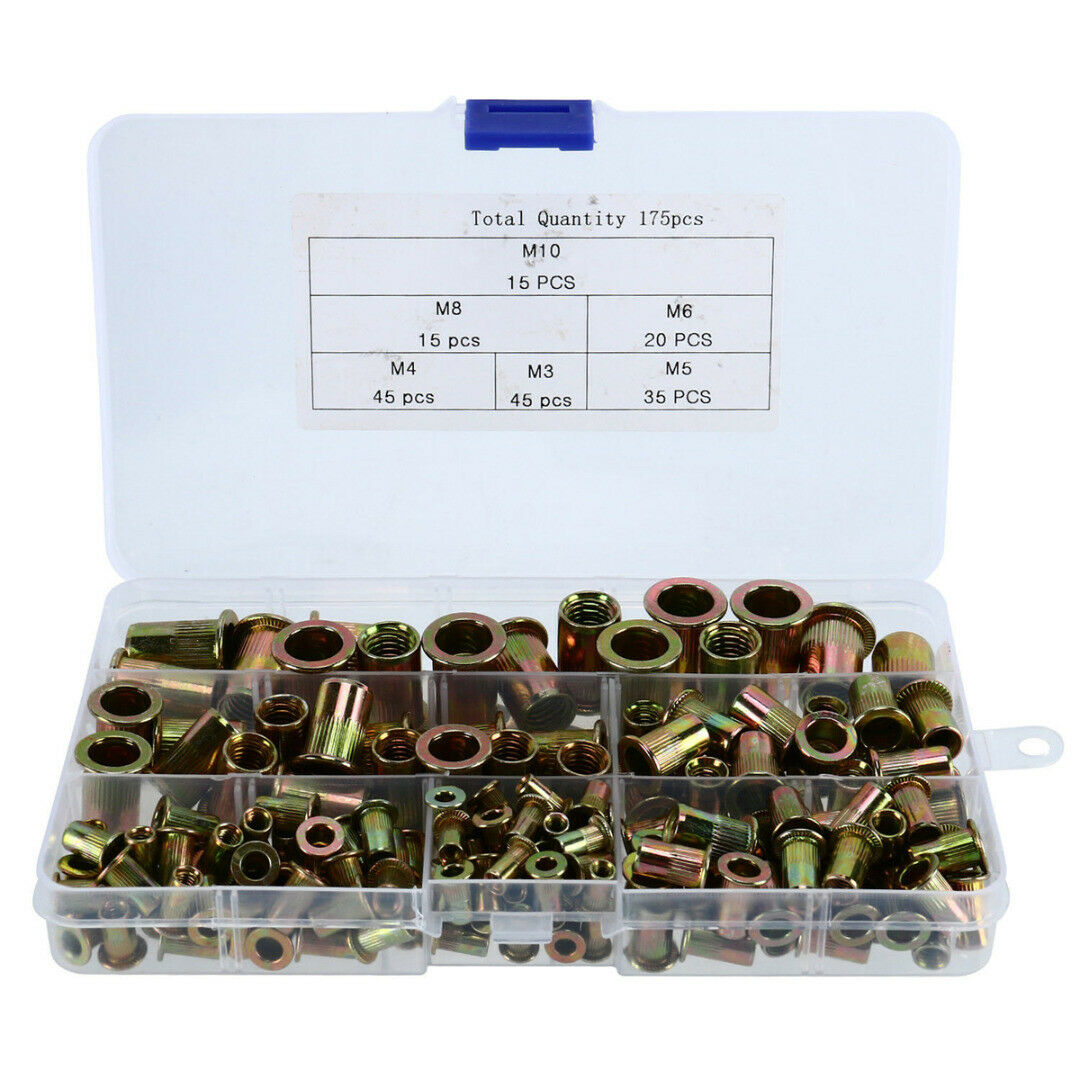 175Pcs M3-M10 Carbon Steel Color Zinc Plated Vertical Grain Flat Head Rivet Nut