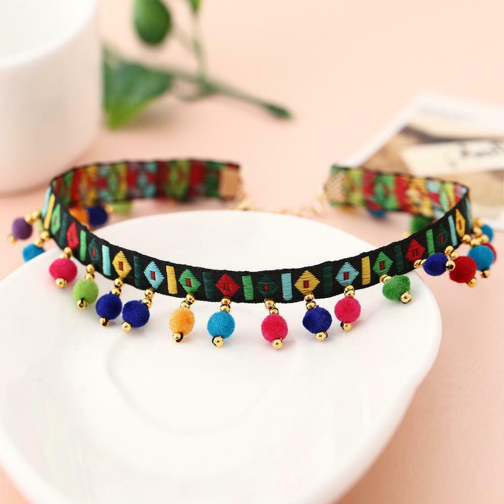 Retro Embroidery Pom Pom Ball Pendant Thin Necklace Collar