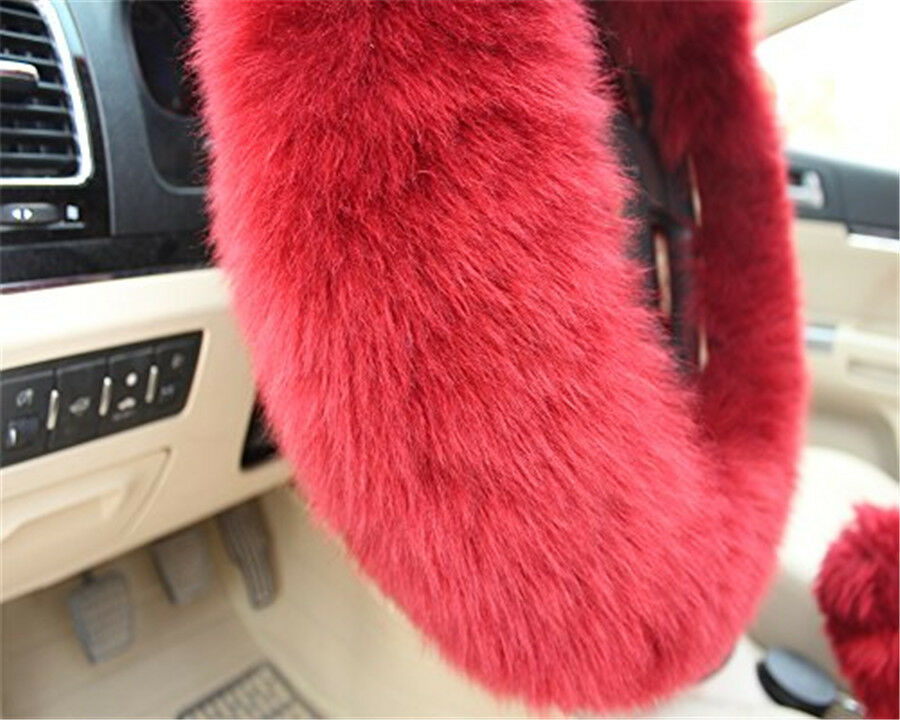 3Pcs/Set Fur Car Steering Wheel Cover Red Wine Color Wool Furry Winter Essential