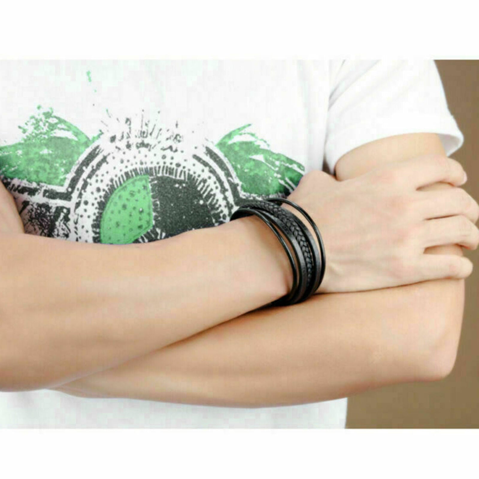 Men's Women's Wheat Leather Bracelet Polish Stainless Steel Buckle Bangle Cuff