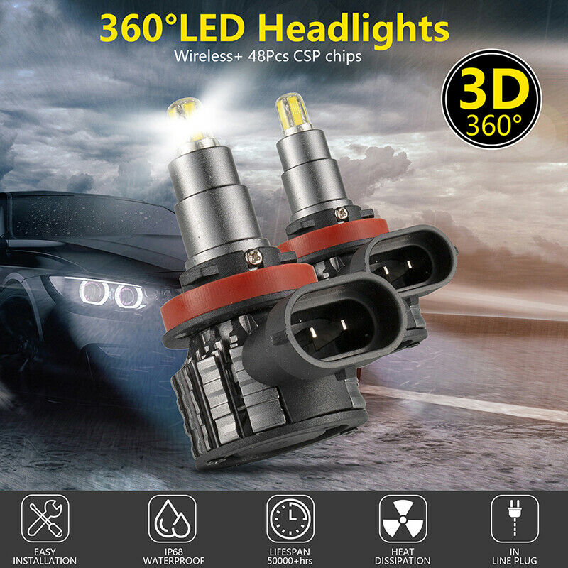 2Pcs 48 Chips 4 Sides H8/9/11 LED Lamp Car Headlight Bulbs 360 Degree 60 JY