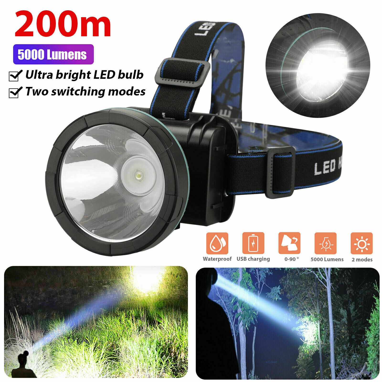 Camping Fish Super Bright T6 LED Headlamp Headlight Head Torch Lamp Rechargeable