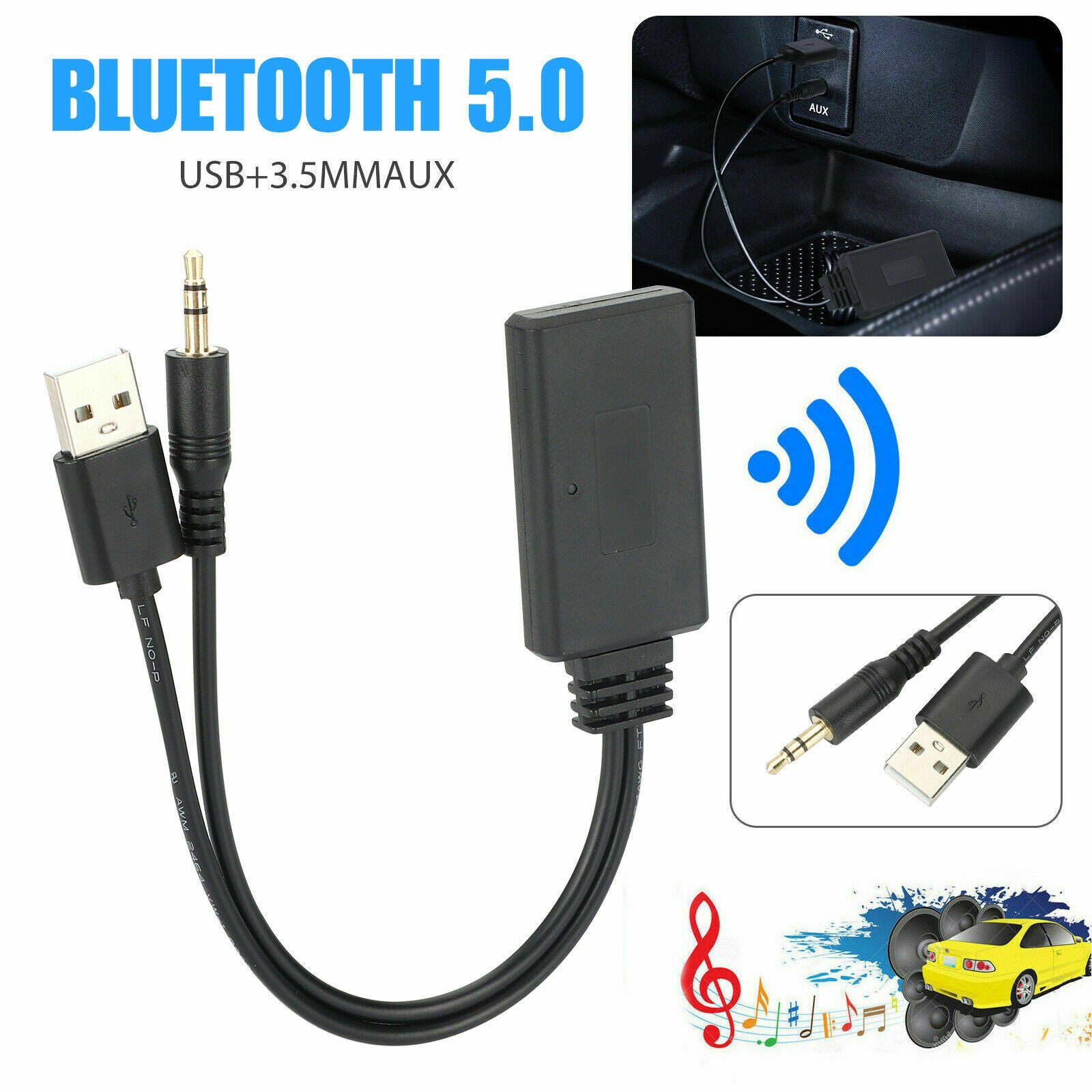 Bluetooth 5.0 Receiver Adapter USB + 3.5mm Jack Stereo Audio For Car AUX Speaker