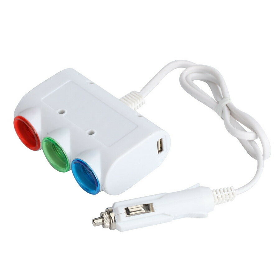 1 x 3 Way 120W White Car USB Cigarette Lighter Socket Splitter Charger Adapter