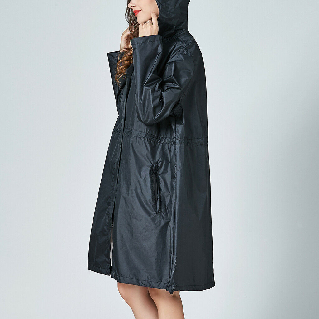 Women's Lightweight Raincoat Hooded Waterproof Outdoor Long Jacket L Black