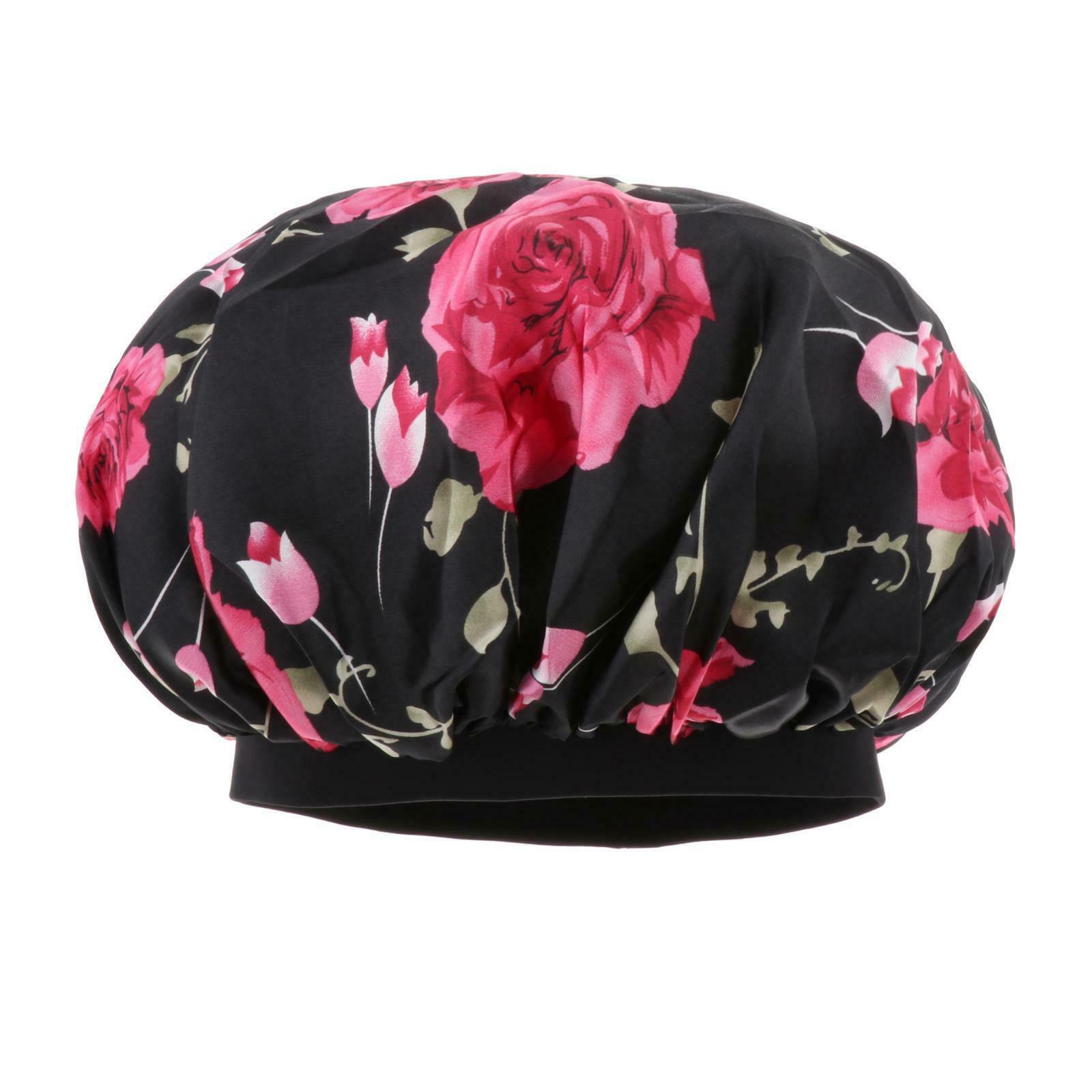 Satin Women Sleep Cap Night Wrap Elastic Sleeping Bonnet Safflower On Black