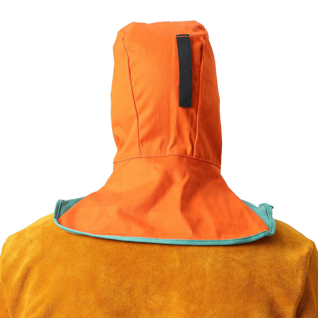 Orange sweat hood with neck shoulder draping flame retardant cotton