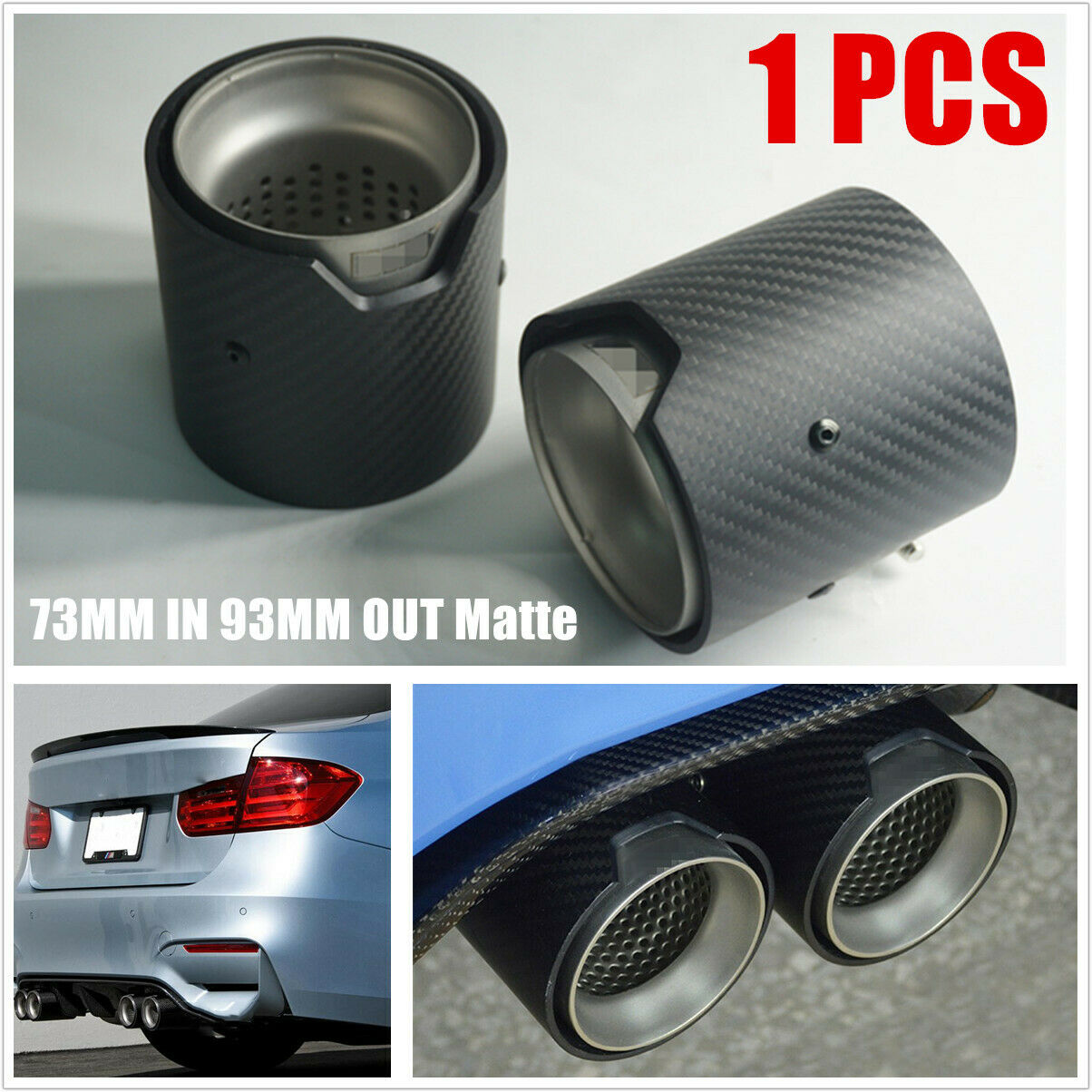 Exhaust Tip OUT Matte Universal 100% Real Carbon Fiber 1PC 73MM in 93MM for BMW