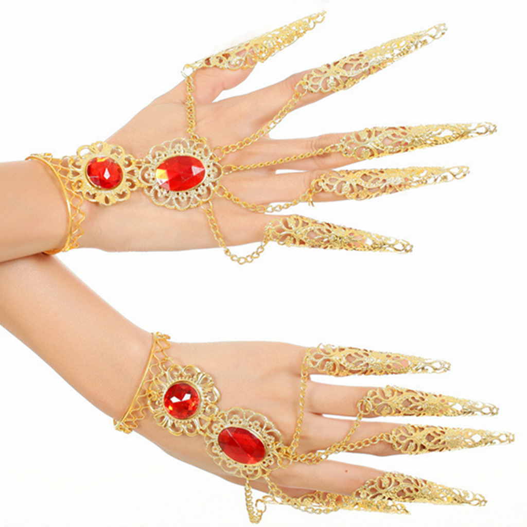 1 Pair Belly Dance Gypsy Egyptian Bracelet Finger Nails Red Gem Hand Jewelry