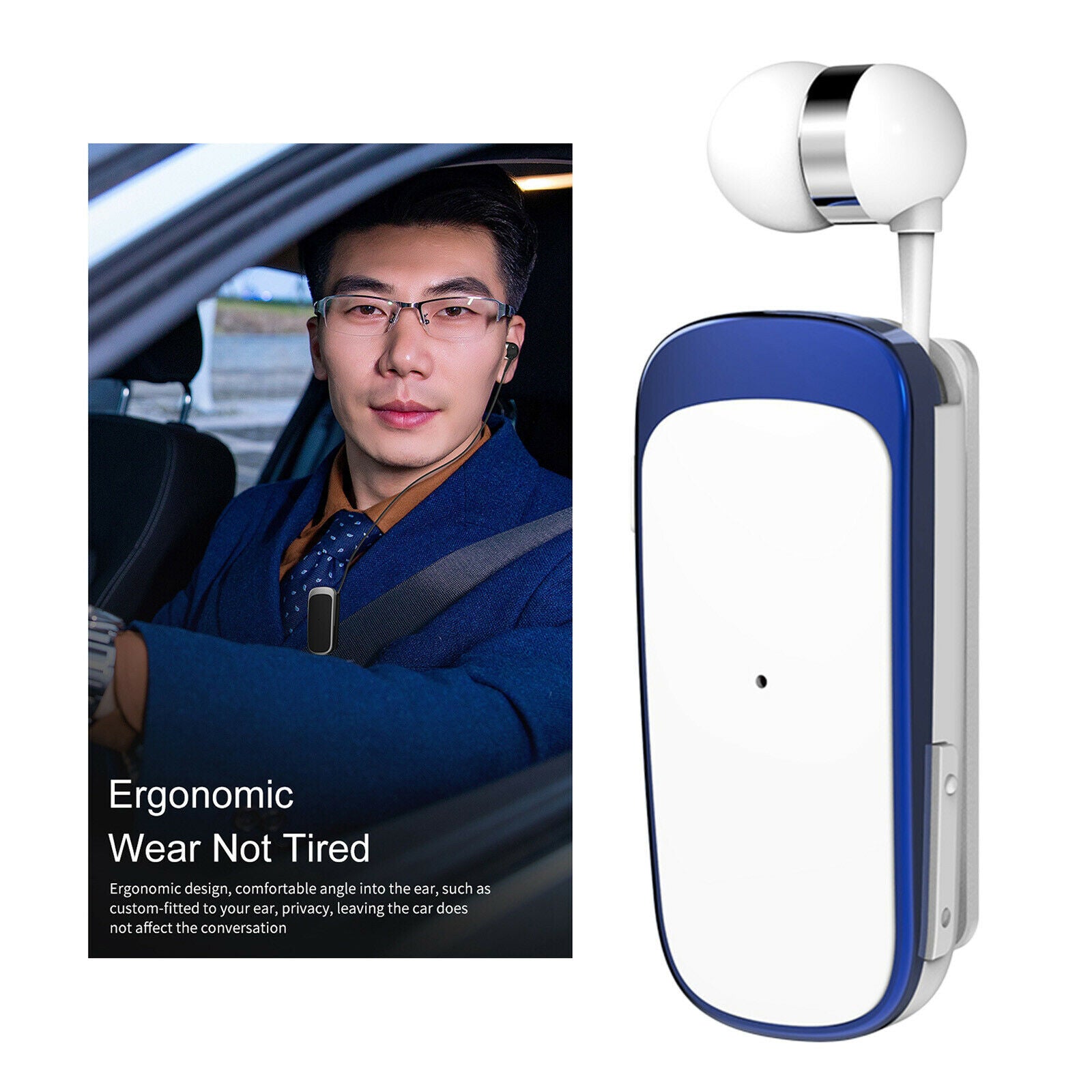 Bluetooth Wireless Headset Clip-on Earphone Handsfree Blue White No Box