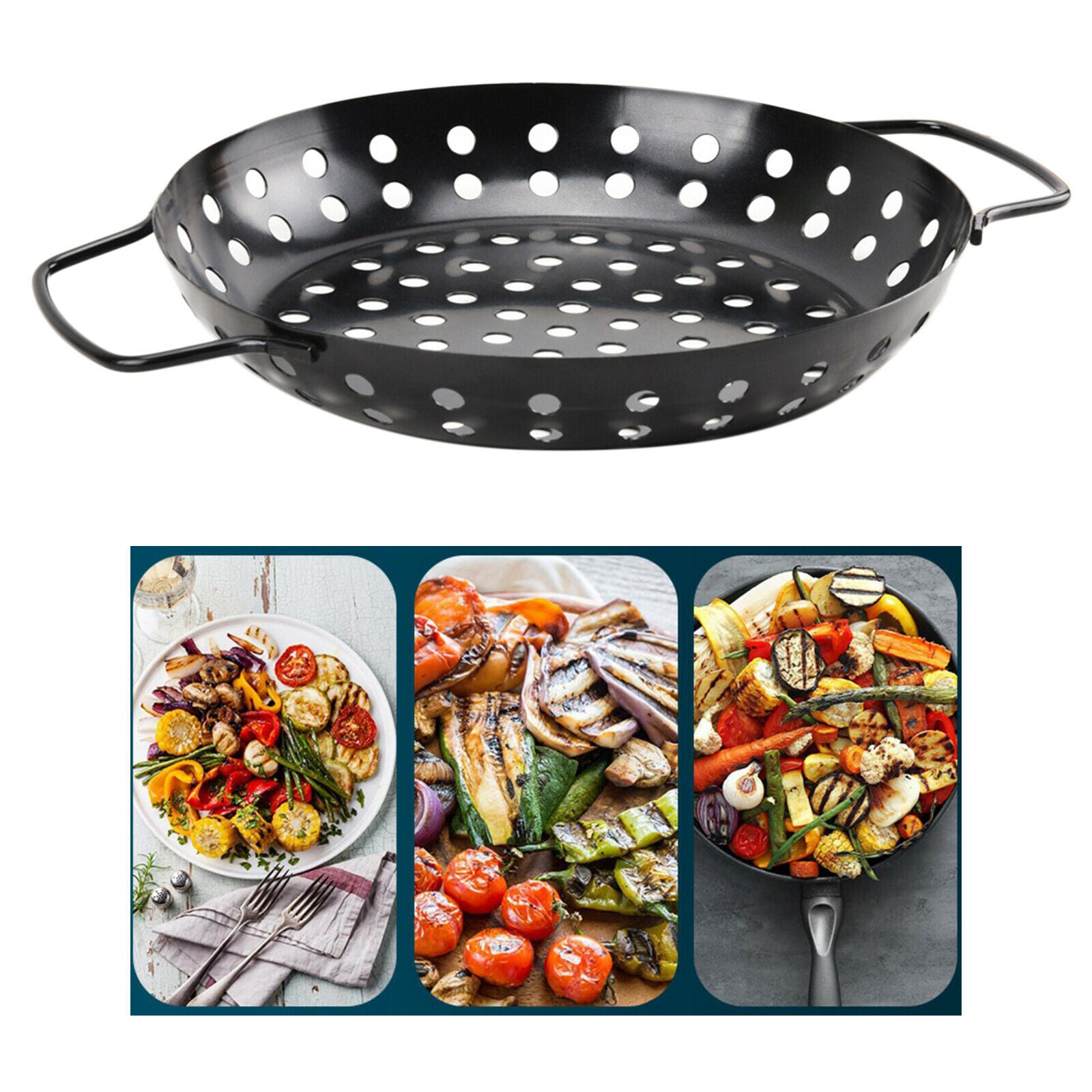 Carbon Steel BBQ Grill Pan Veggie Fruit Non-Stick Coating Pizza Tray Party