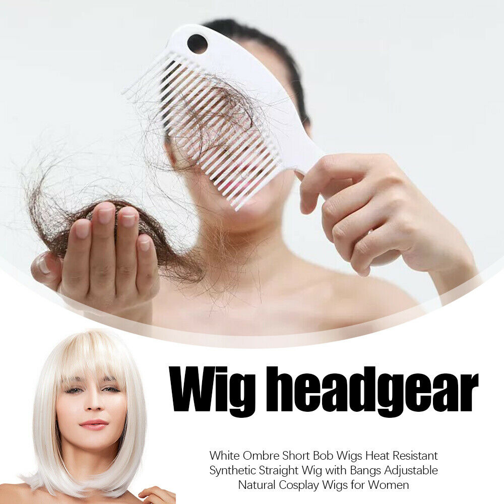 White Ombre Short Bob Wigs Heat Resistant Synthetic Straight Wig with Bangs LIN