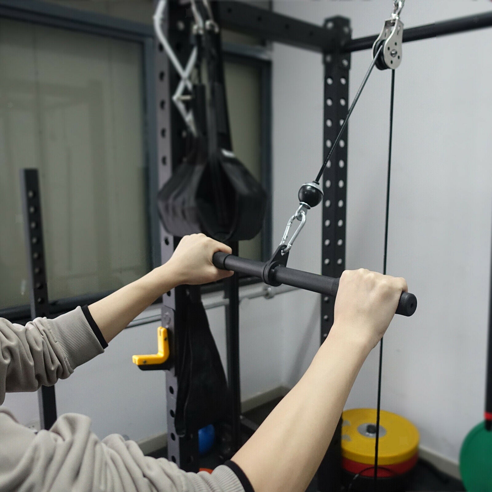Tricep Press Down Pull Bar DIY Straight Bar Fitness Pull Rod with Rubber Handle,