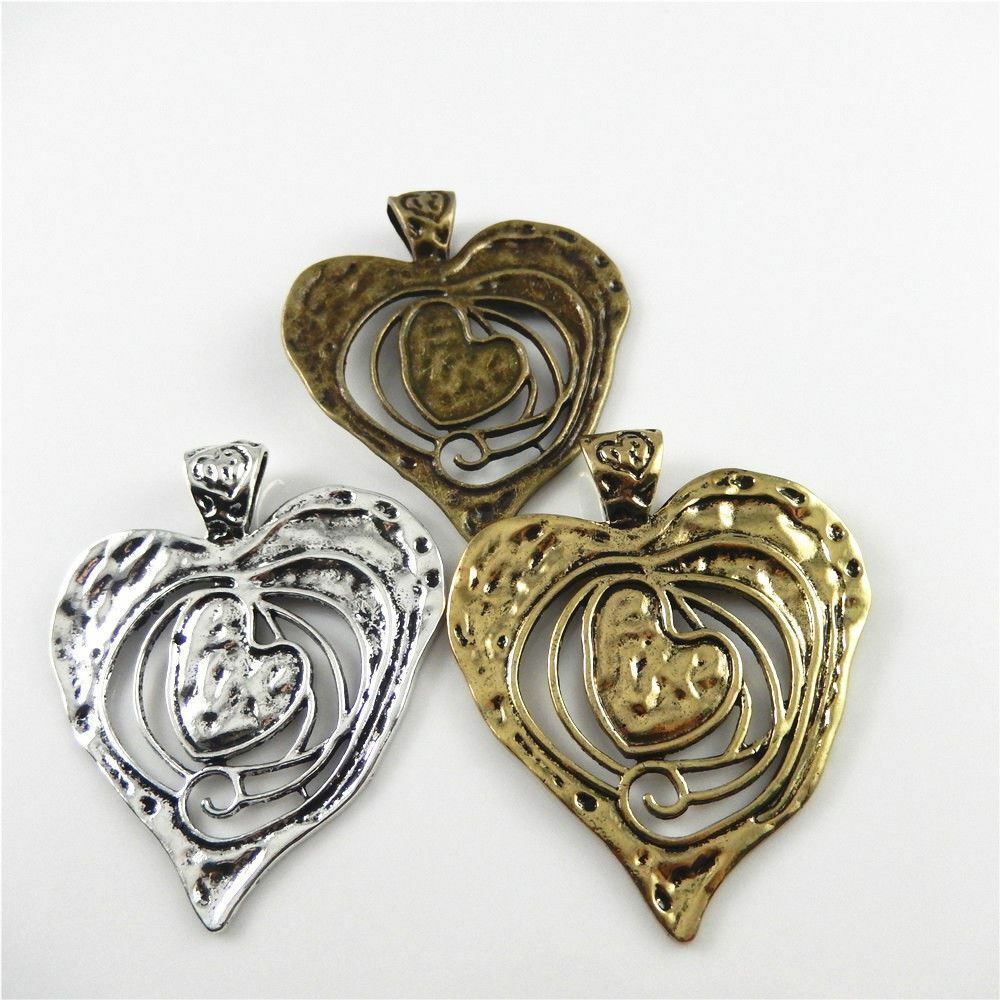 Lot of 3 Retro Metal Big Heart Pendant Charm Drop Dangle Alloy For Craft 70*64mm