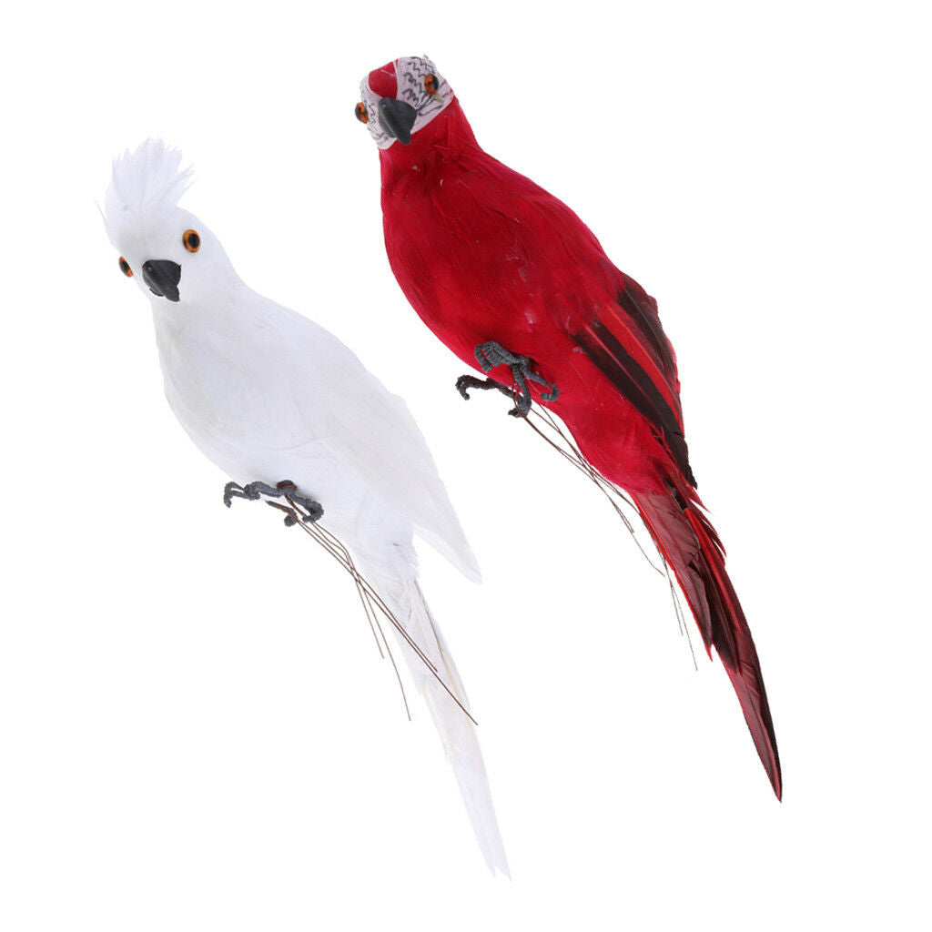 2x Red & White Parrot Statue Ornament Tree Standing Animals Sculpture Decor