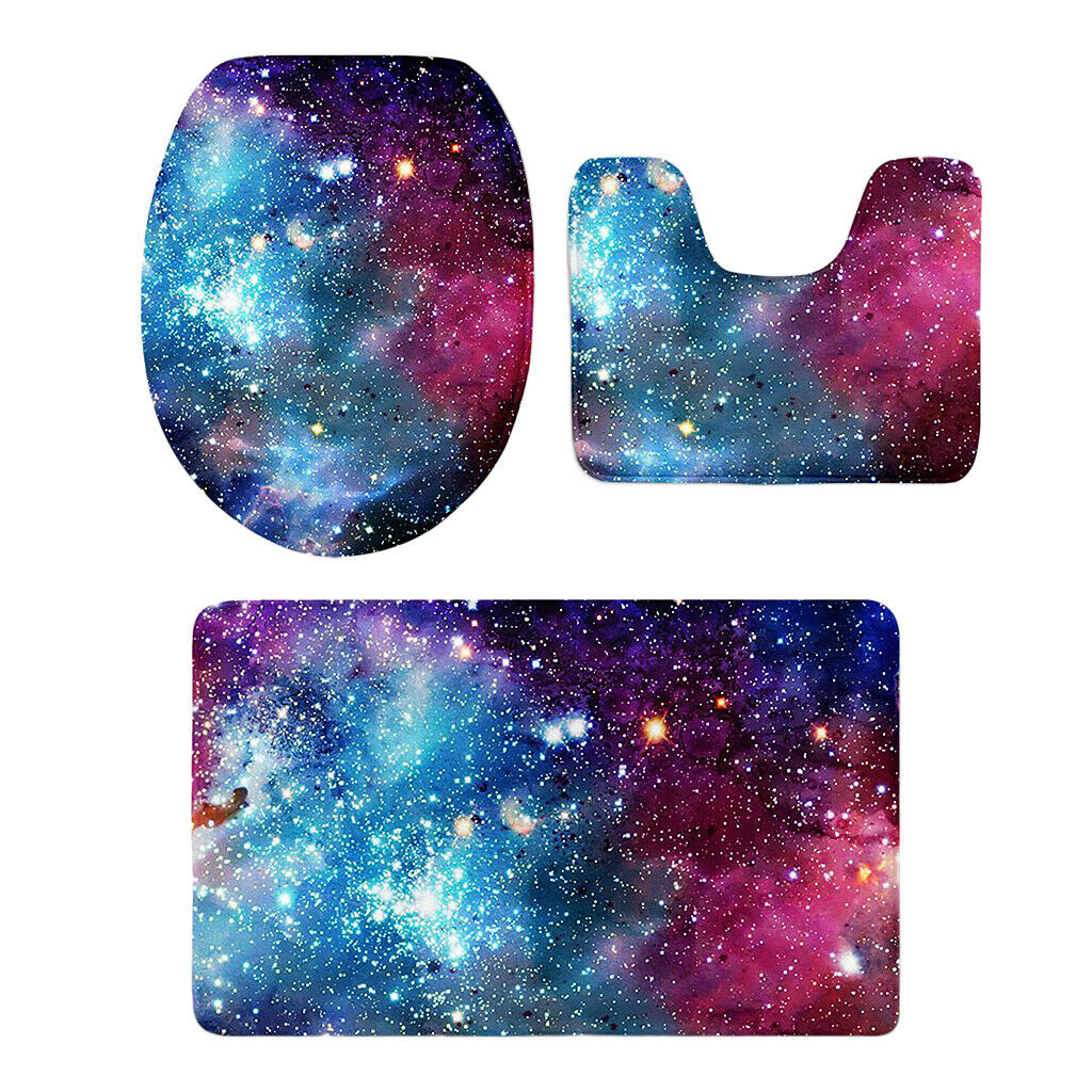 3 Pieces Combo Starry Sky Print Toilet Lid Non Slip Bathmat Bathroom Rug #2