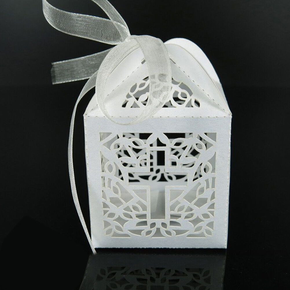10x Cross Hollow Wedding Party Paper Favor Candy Boxes With Ribbo.l8