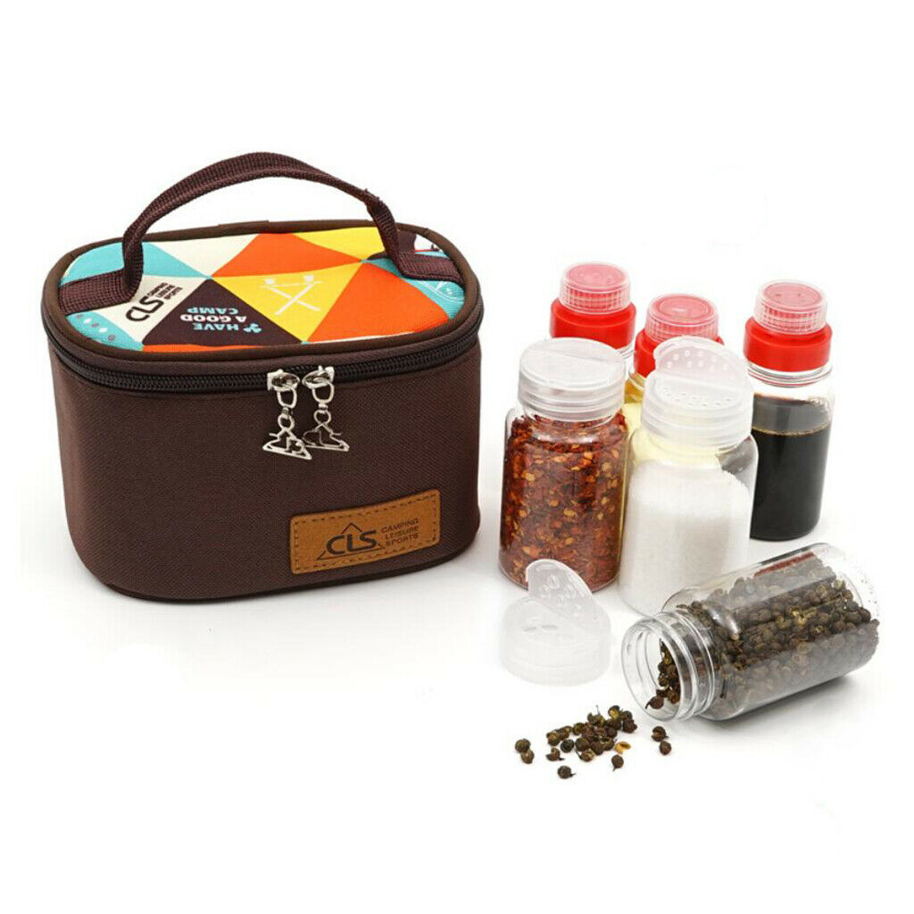 6Pcs Camping Picnic BBQ Condiment Spice Jar Bottles with Portable Carry Bag