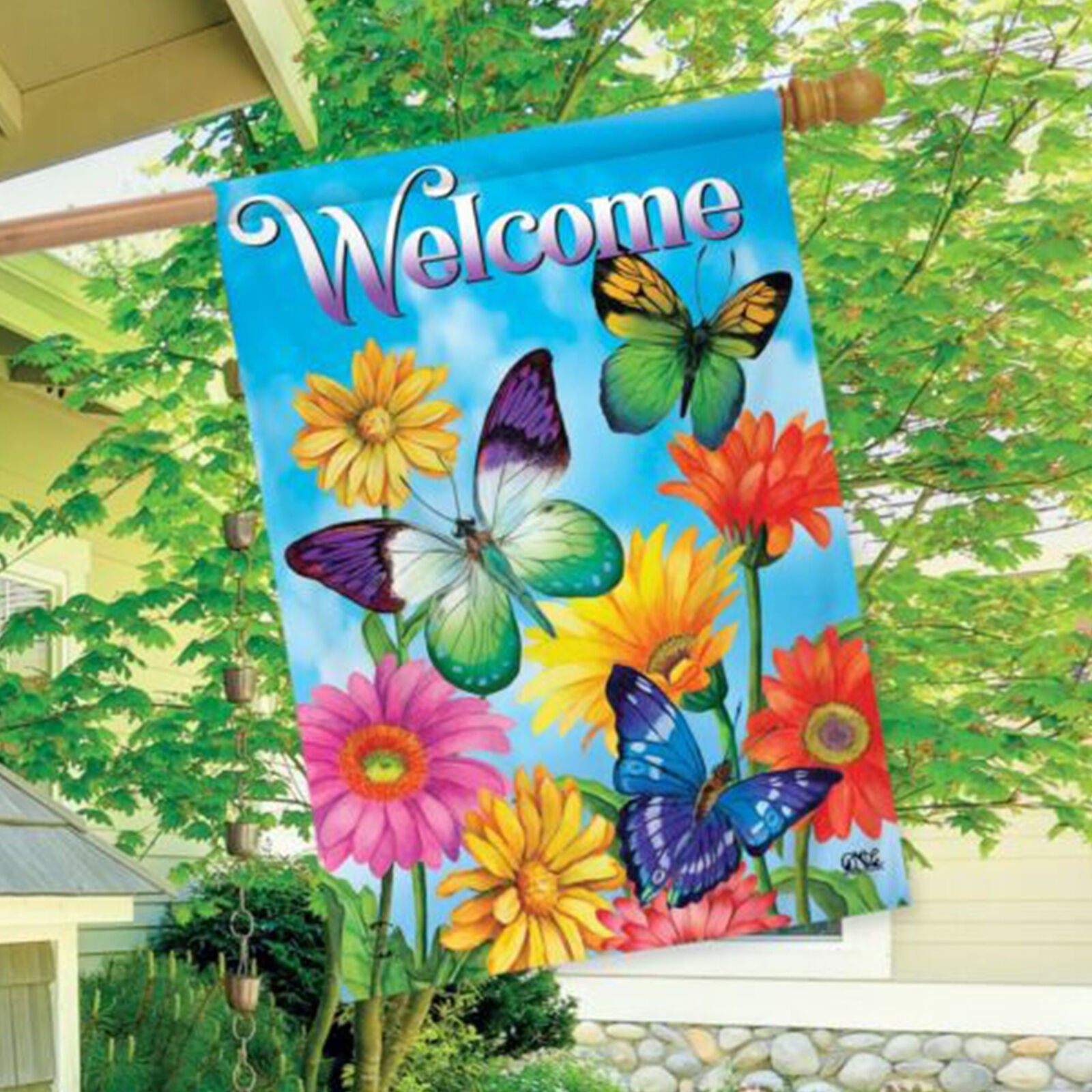 Fluttering Butterflies Spring House Flag Welcome Floral Butterfly 28" x 40"