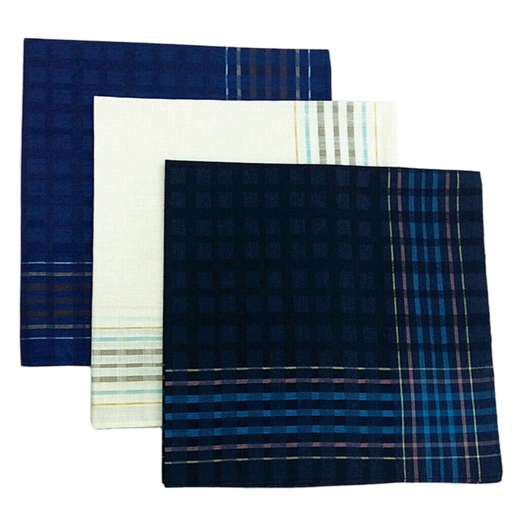 3x Men's Plaid Handkerchiefs 100% Cotton Party Pocket Square Hankies 16x16"