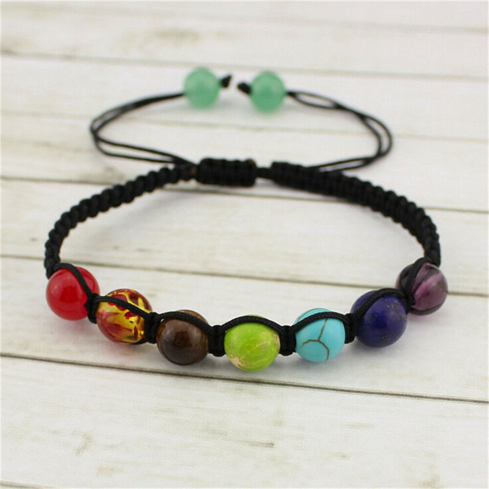 Adjustable 7 Chakra Natural Gems Stone Yoga Healing Agate Crystal Beads Bracelet