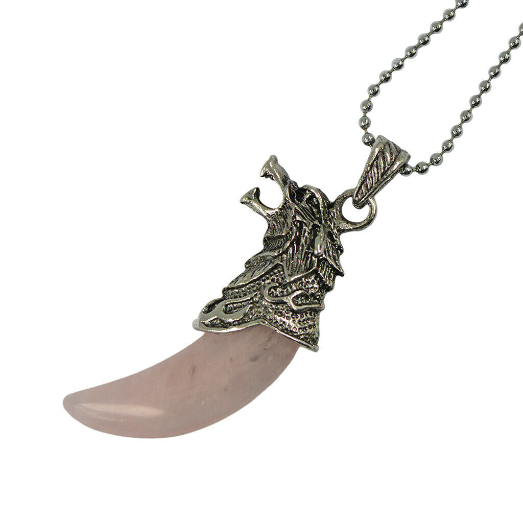 Mens Wolf Tooth Head Rose Quartz Pendant Ball Chain Necklace Pink