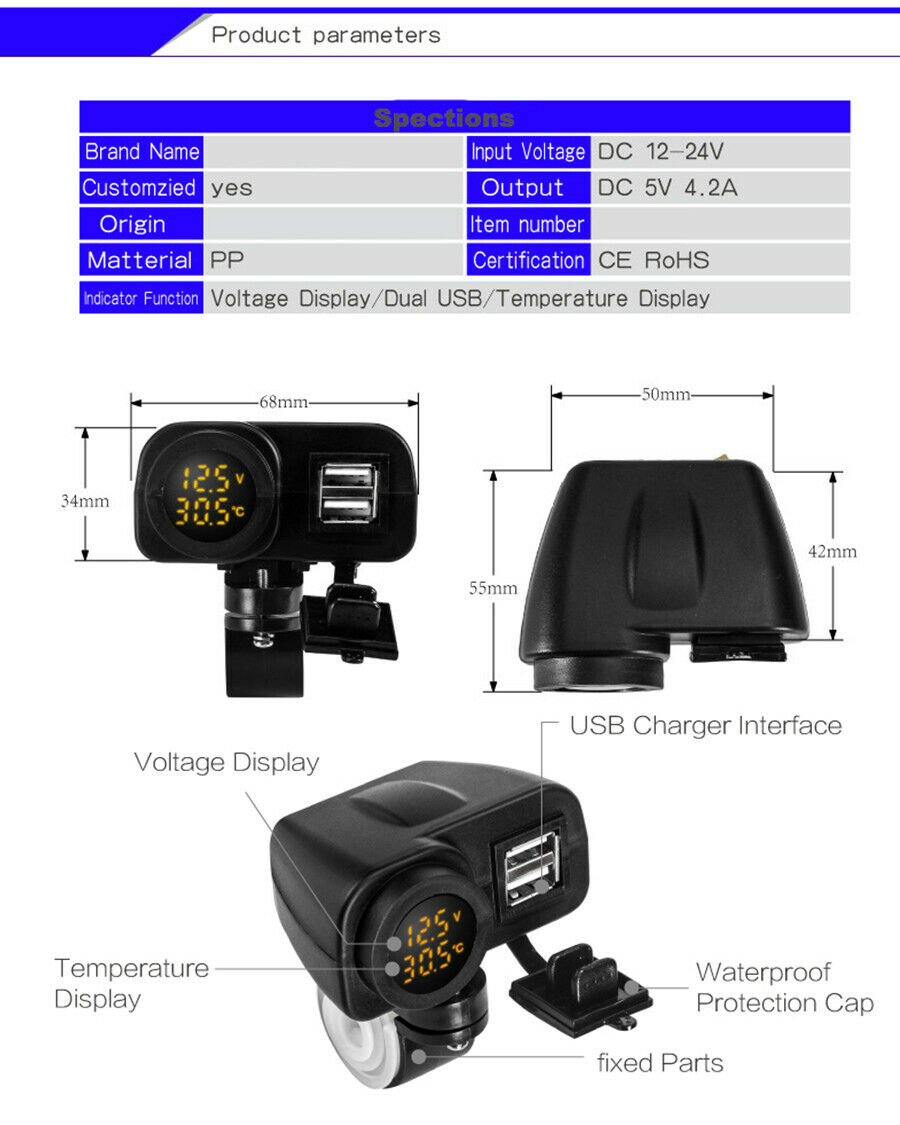LED Dual USB Charger Voltmeter Thermometer For Motorcycle Scooter Handlebar 1x