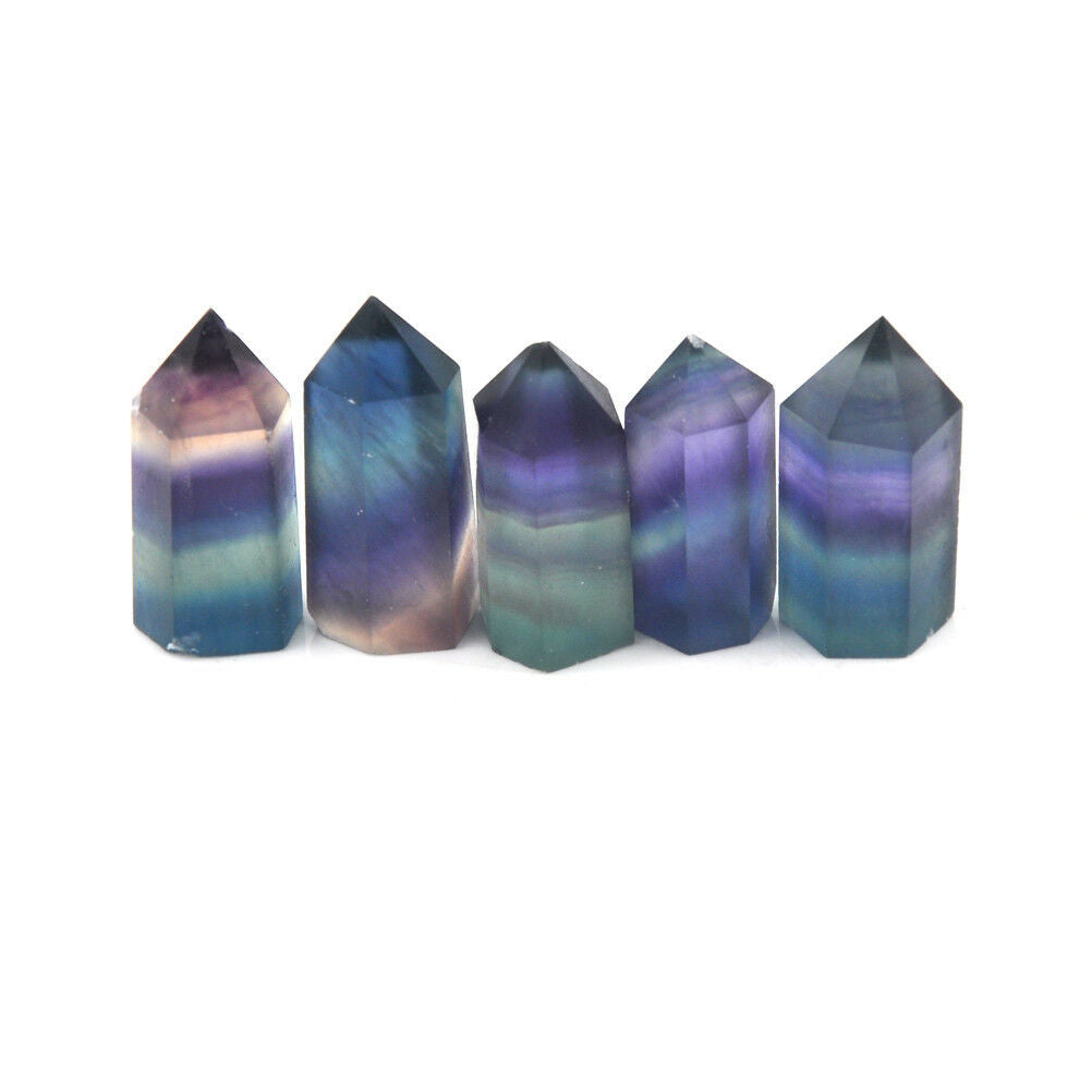 1X Natural Hexagonal Crystal Quartz Healing Fluorite Wand Stone Colourful .l8
