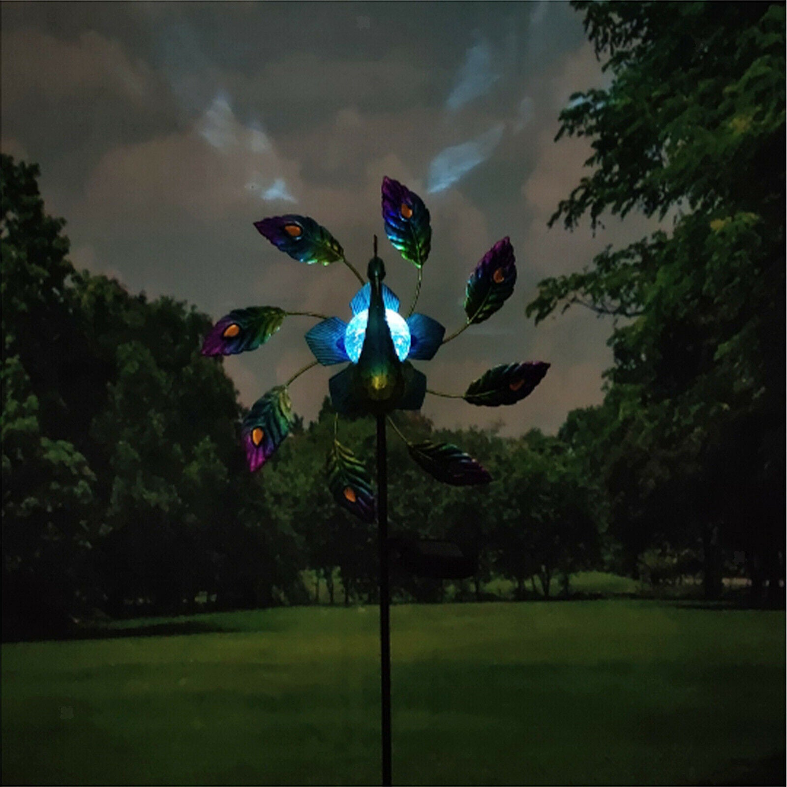 Solar Wind Spinner LED Light Peacock Yard Stake Garden Lawn Outdoor Lamp