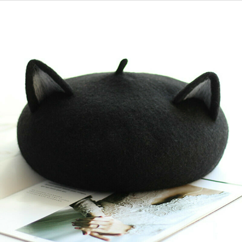 Lady Beret Cap Painter Hat Lolita Wool Blend Black Cat Ear Beanie Thermal Winter