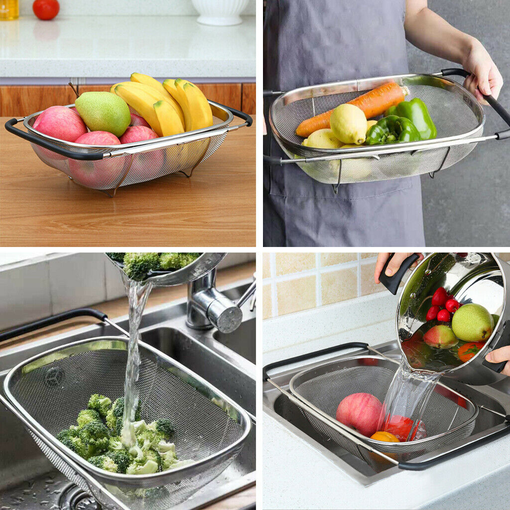 Stainless Steel Adjustable Colander Strainer 13.4x 9.4" Easy Wash Oval