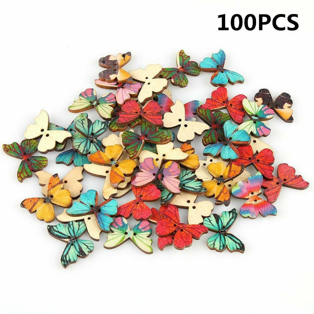 100 Pcs Butterfly Wooden Button Sewing DIY Scrapbooking Flatback 2 Holes Buttons