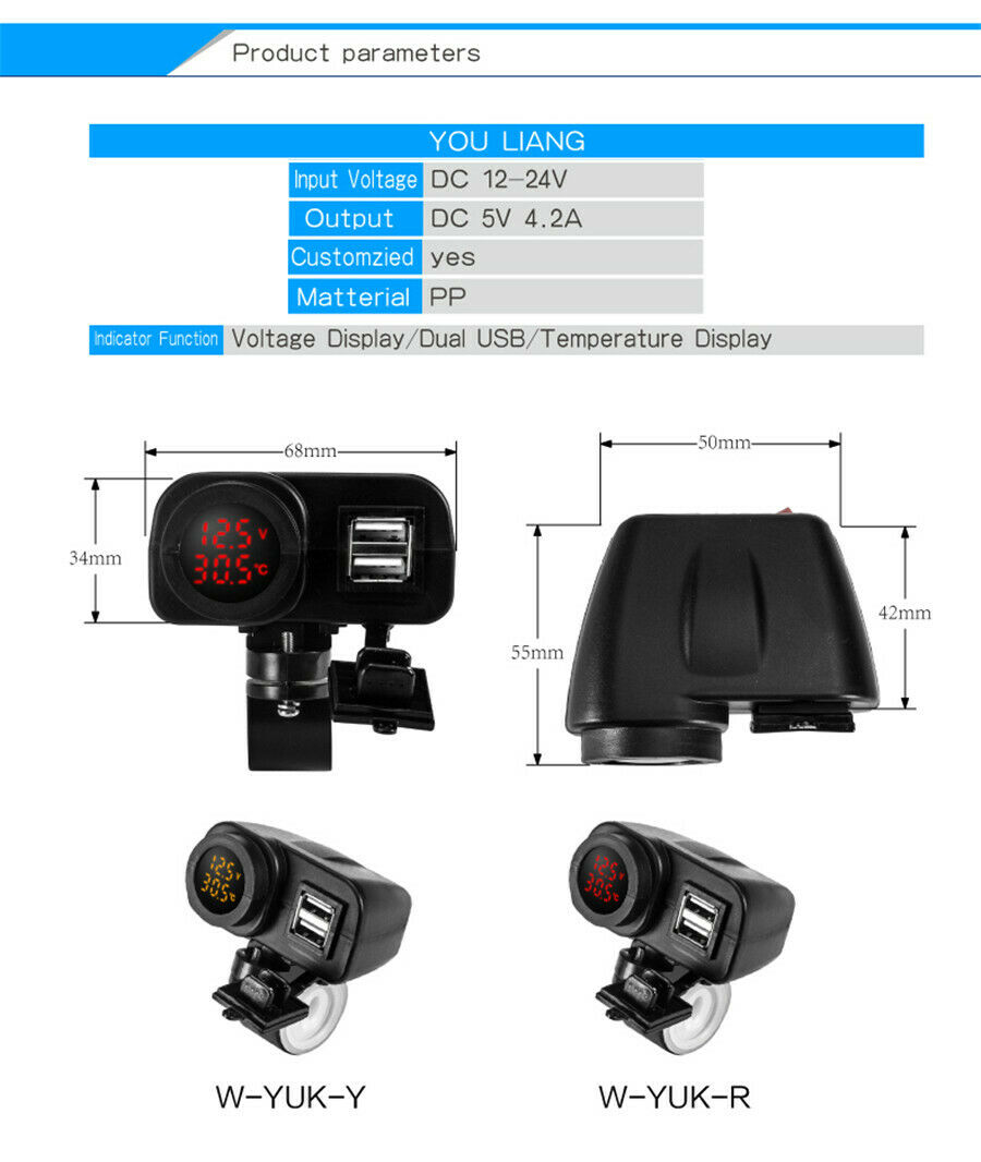 Motorcycle Bike Dual USB Charger 4.2A Digital Yellow LED W/ Phone Location Chip