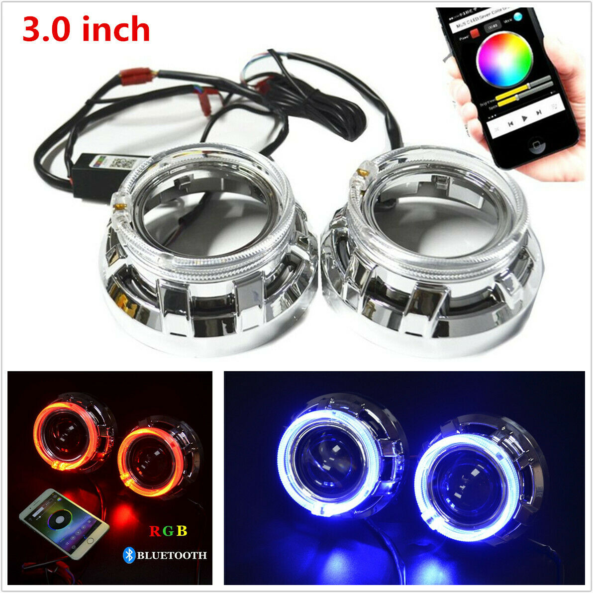 3.0"H1 Bi Xenon Hid Projector Lens Shrouds RGB Angel Eye Halo Ring Bluetooth APP