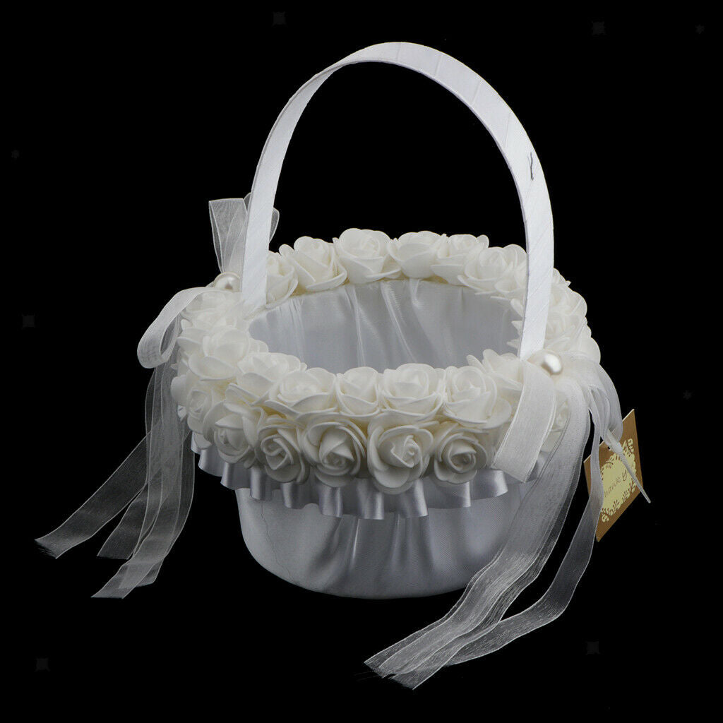 Wedding Satin Flower Basket Romantic Bowknot Cloth Rose Flower Girl Basket