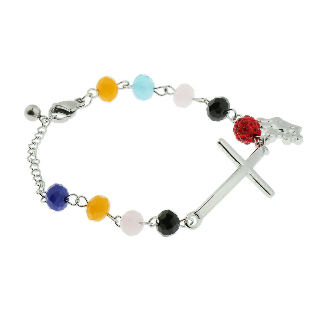 Women Cross Bracelet Crown Crux Colorful Beads Pendant Adjustable Length