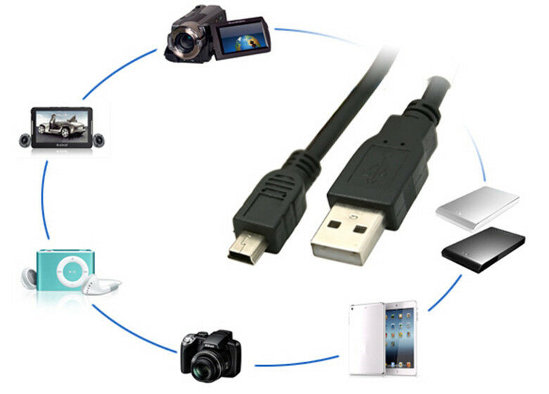 2ft Black USB 1.0 A Male to Mini 5 Pin Data Sync Charging Cable Cord Adapter DS